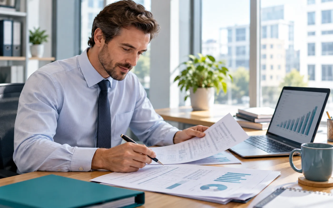 Accountant reviewing annual company accounts and financial statements