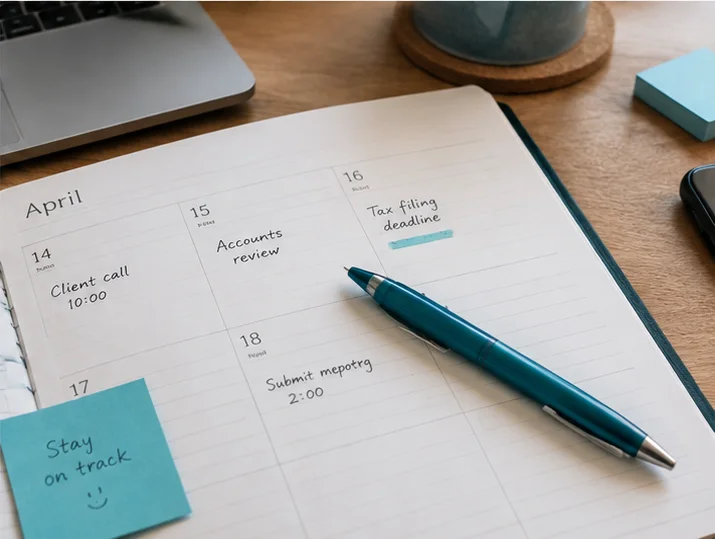 A desk planner marked with filing deadlines and a reminder note