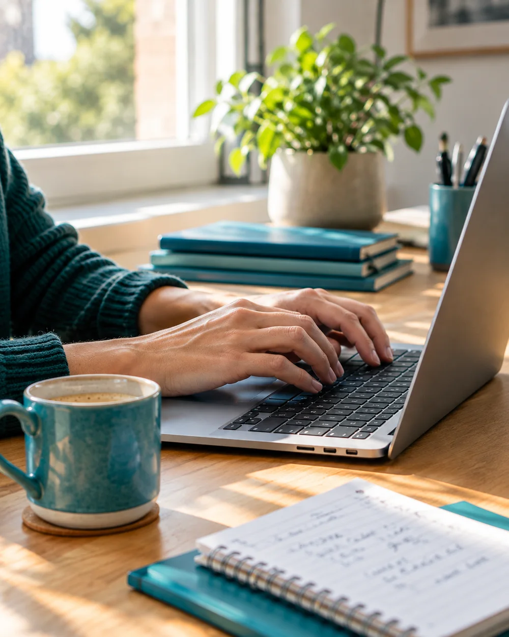 Working on a laptop at a tidy desk with a notebook and coffee